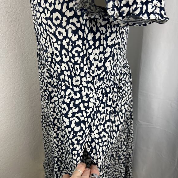 J Crew Midi Dress Womens Medium Blue White Leopard Print Puff Sleeve Tiered Boho - Picture 4 of 13